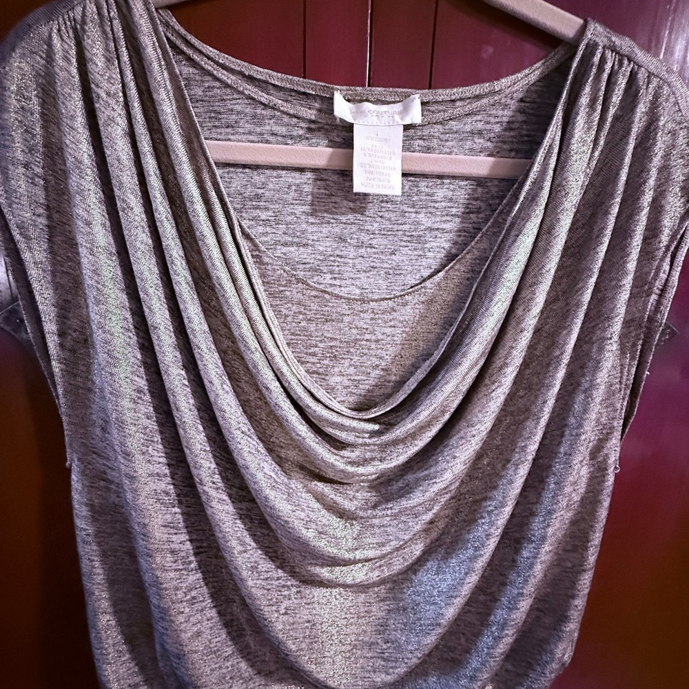 MM Couture Dress Lovely Dappled Gold Draped & Layered Front Stretchy VGUC - Picture 3 of 7